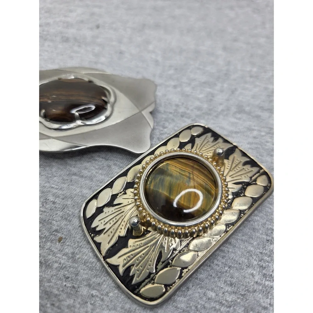 Lot 2 Vintage Womens Tiger Eye Brown Agate Stone Southwestern Belt Buckles